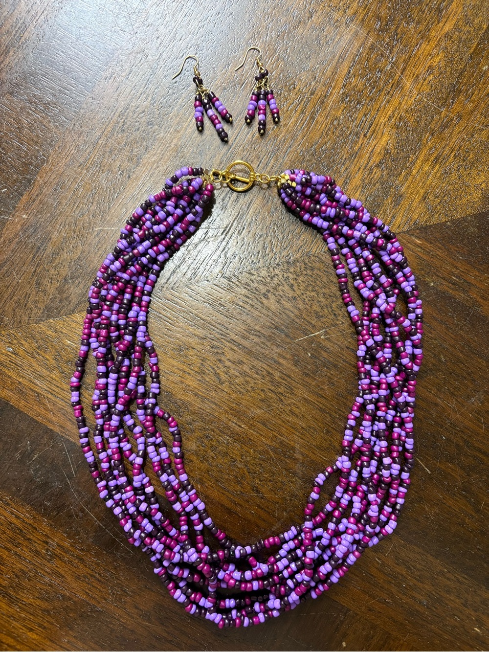 Purple Beaded Multi-Strand Necklace and Earring Set